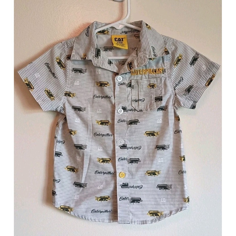 CAT Caterpillar 24M Button Up‎ Shirt Construction Equipment Print Y2K Toddler
